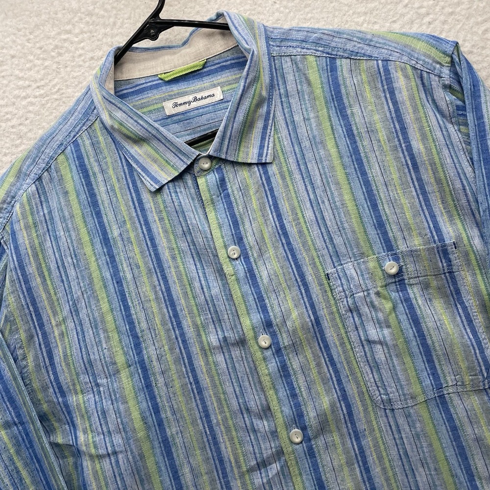 Tommy Bahama Shirt Mens XXL Blue Green Striped Linen Blend Button Up Relax Beach